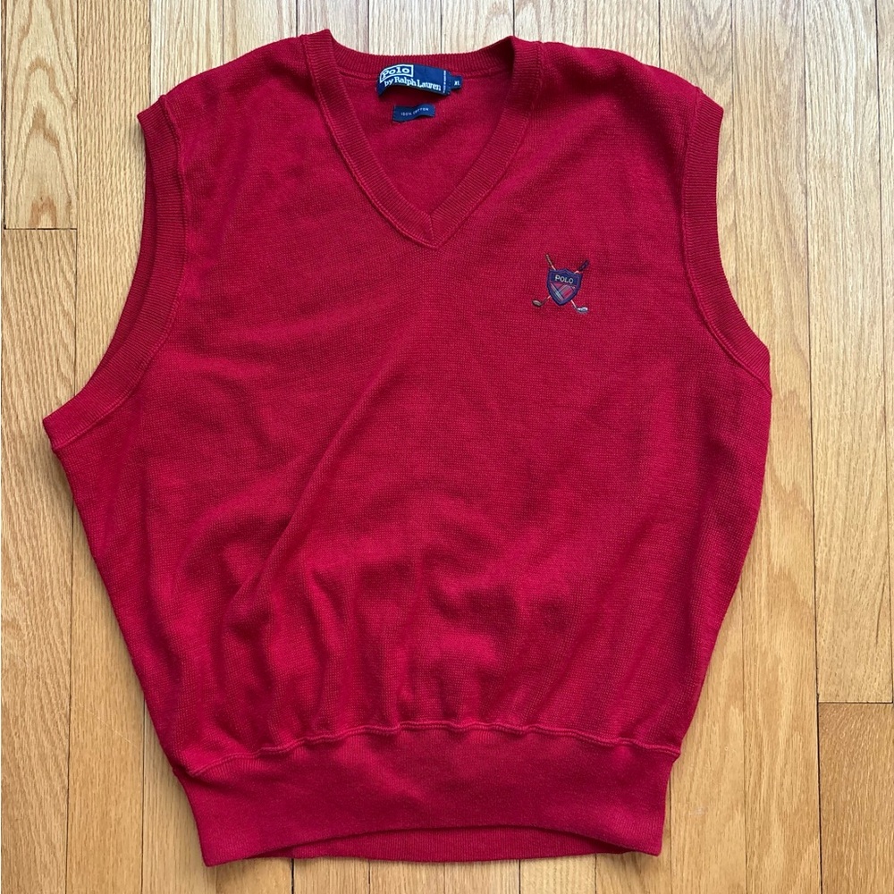 Vintage Polo Ralph Lauren Men’s 100% Cotton Golf Sweater Vest XL Red Solid